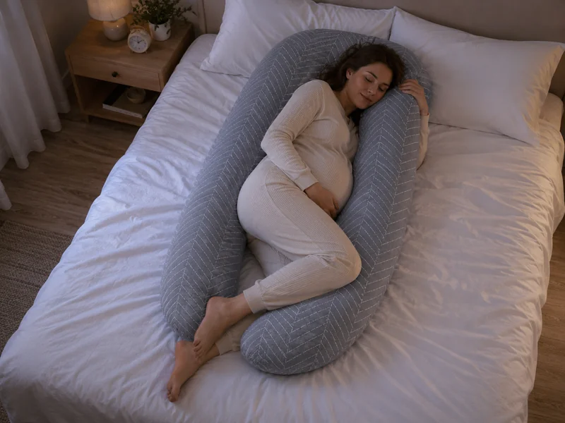 Gravid kvinna sovande på sidan i gravidkudden i U-form, sedd uppifrån