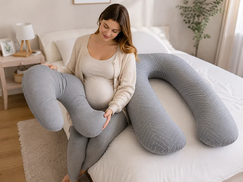 Gravid kvinna sitter på sängkanten med U-kudden bredvid sig