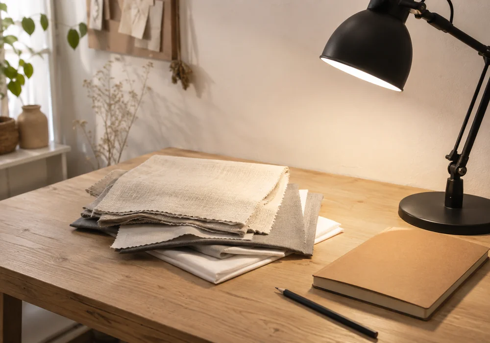 Coin de bureau clair : échantillons de tissus neutres empilés, carnet et lampe d’architecte