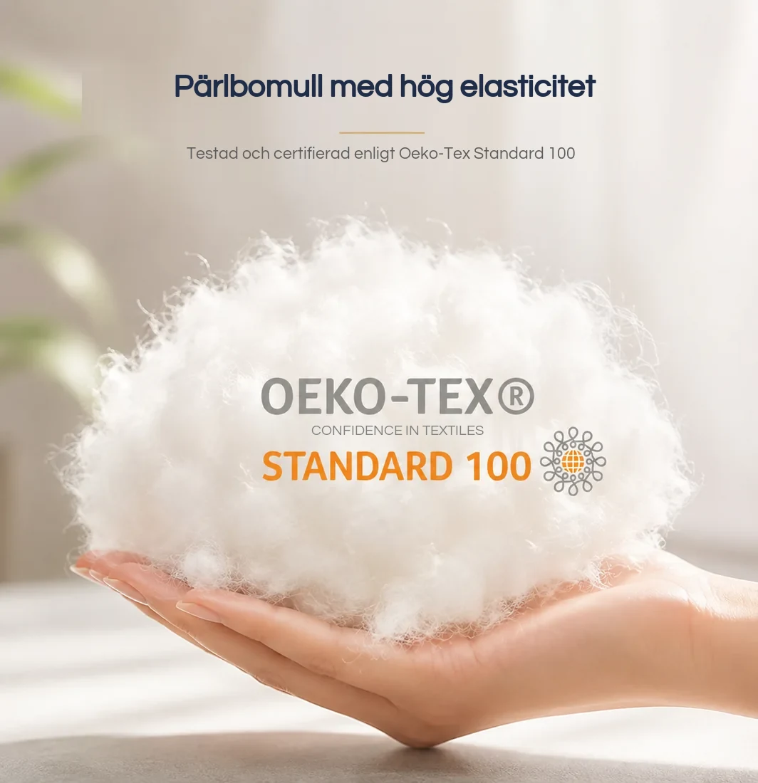 En handfull vit fiberfyllning i en öppen hand, med Oeko-Tex-märket